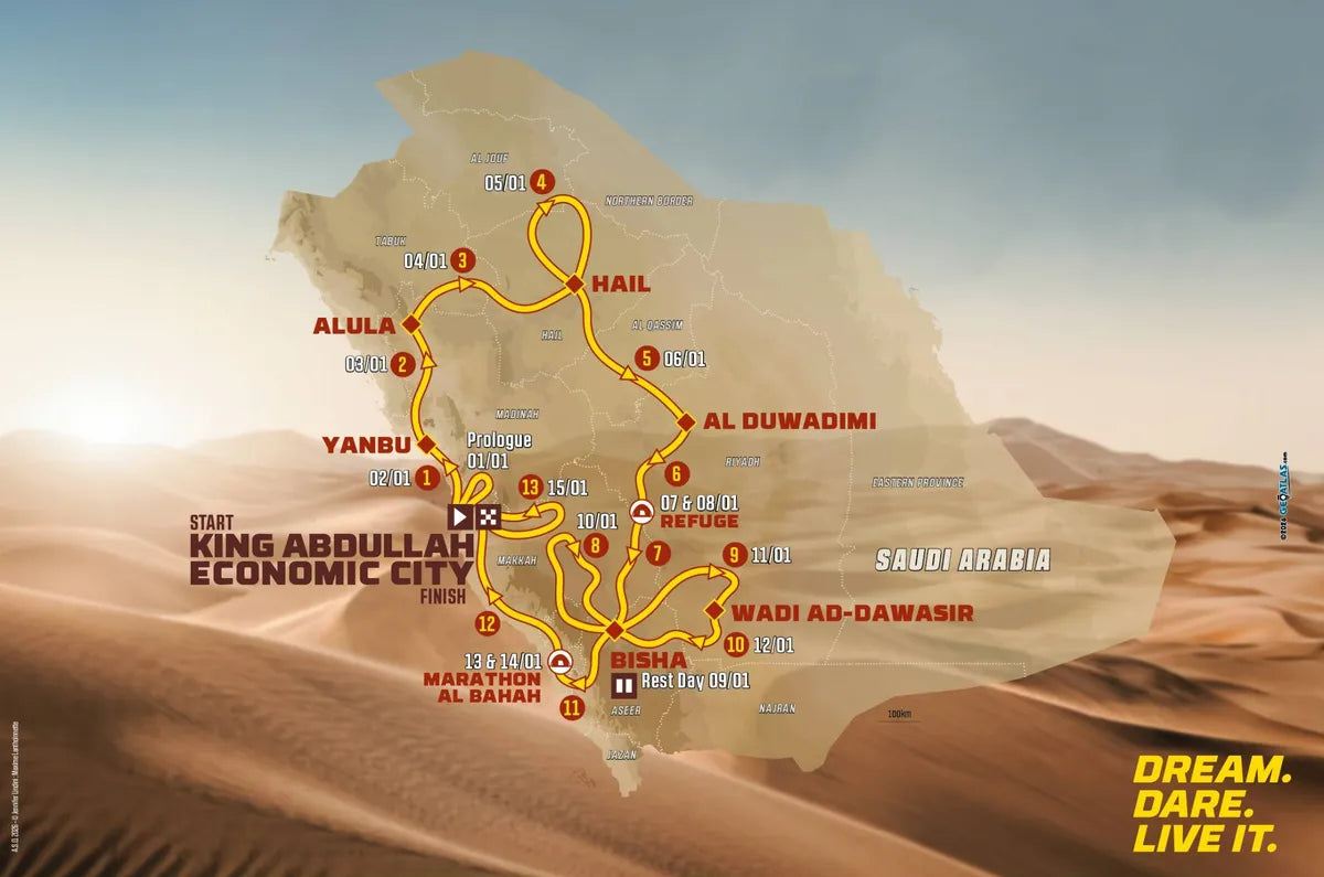 Mapa oficial do percurso do Dakar 2027 na Arábia Saudita: grande circuito de 1 a 15 de janeiro com partida e chegada em King Abdullah Economic City, por Yanbu, AlUla, Hail, Al Duwadimi, um refúgio, Bisha, Wadi Ad-Dawasir e Al Bahah.